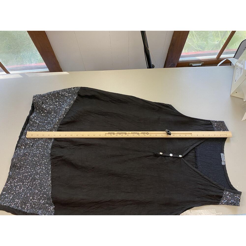 Angela Mara Linen Shift Dress Womens Large Black Sequin Trim Lagenlook Flowy - Picture 9 of 12